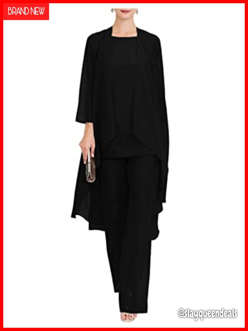 Womens 3-Piece Chiffon Pant Suit Set Sleeveless Top Trousers Jacket